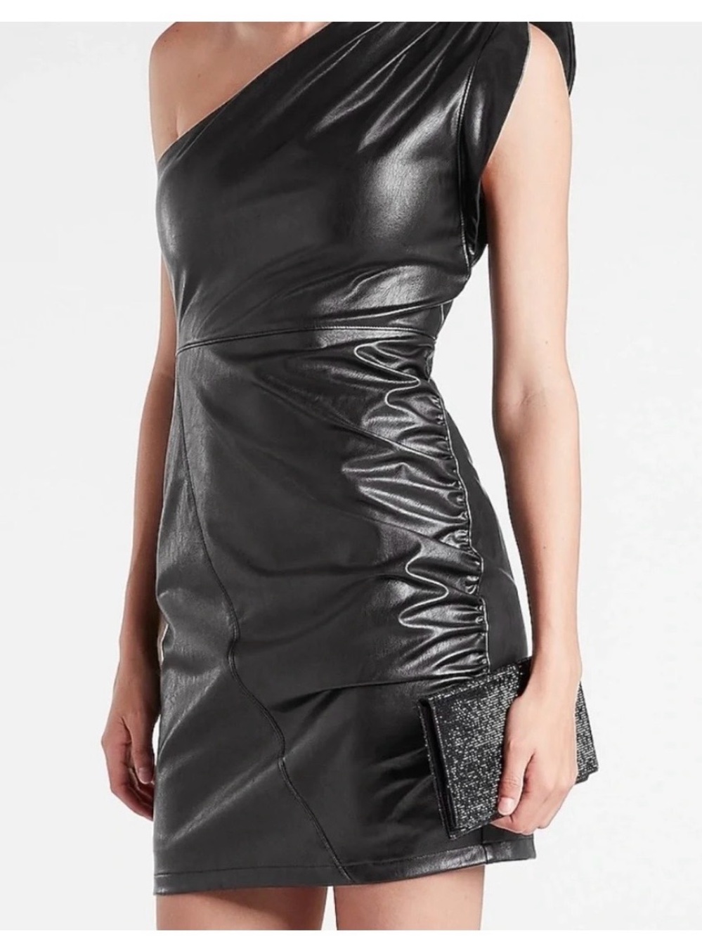 NWT Express Faux Leather One Shoulder Ruched Mini Dress XS
